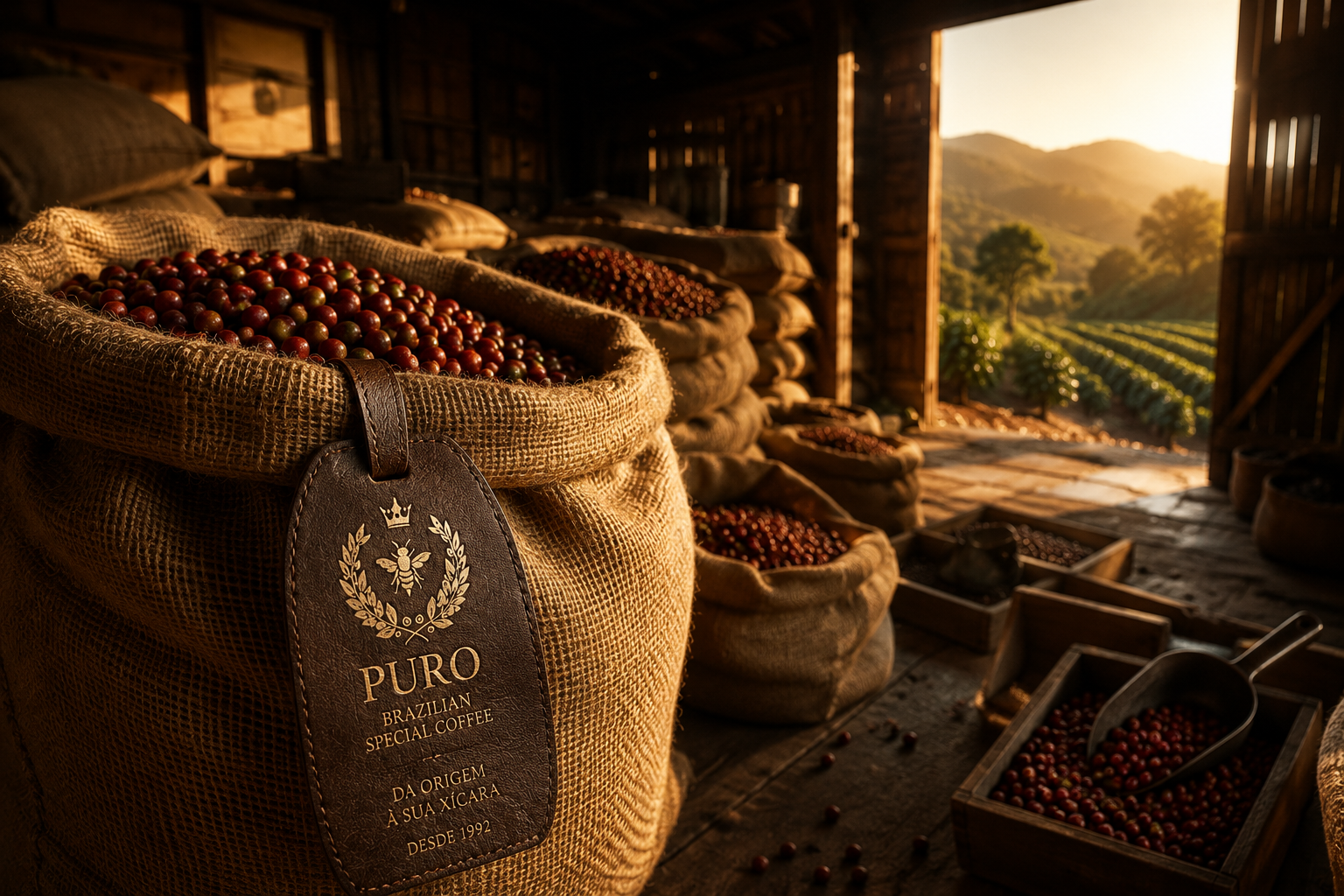 Sacaria de juta · Grãos de café