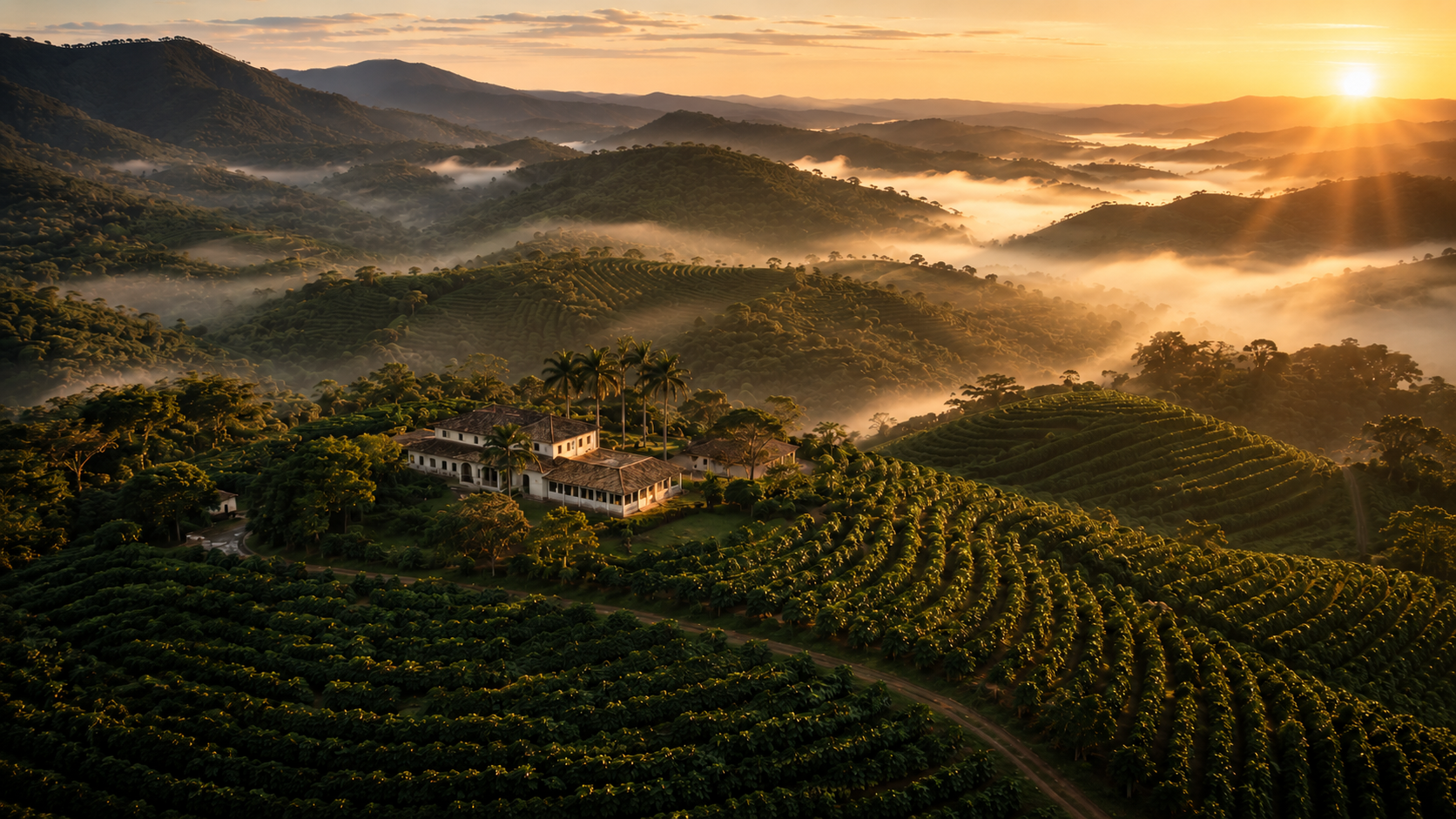 Fazenda de café · Montanhas · Amanhecer